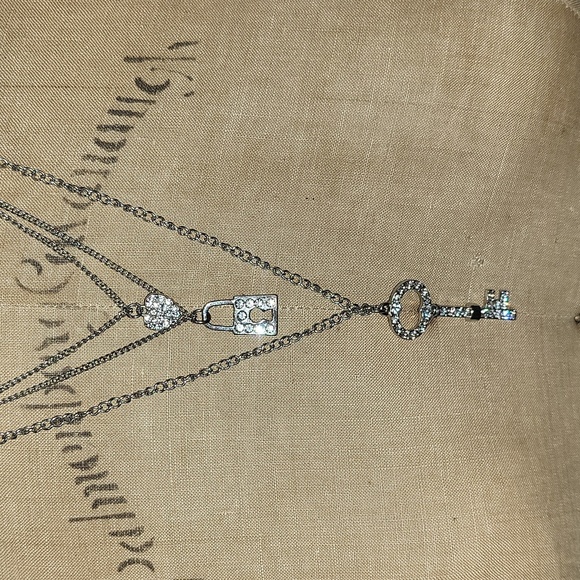 Silver And Rhinestone Heart Lock and Key 3 Chain Necklace - Picture 2 of 2